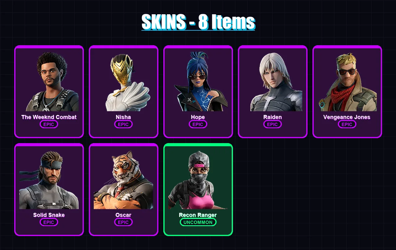 [PS4/PS5/XBOX/PC] | The Weeknd Combat | Nisha | Hope | Raiden | Vengeance Jones | 8 skin | 7 pickaxe | 9 emote | 6 glider | Lv58