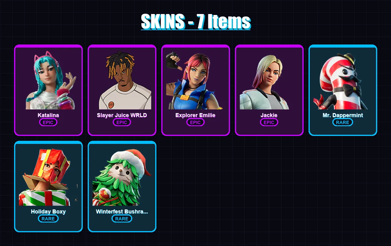 [PC/XBOX/PSN] | Katalina | Slayer Juice WRLD | Explorer Emilie | Jackie | Mr. Dappermint | 7 skin | 10 pickaxe | 12 emote | 10 glider | Lv172