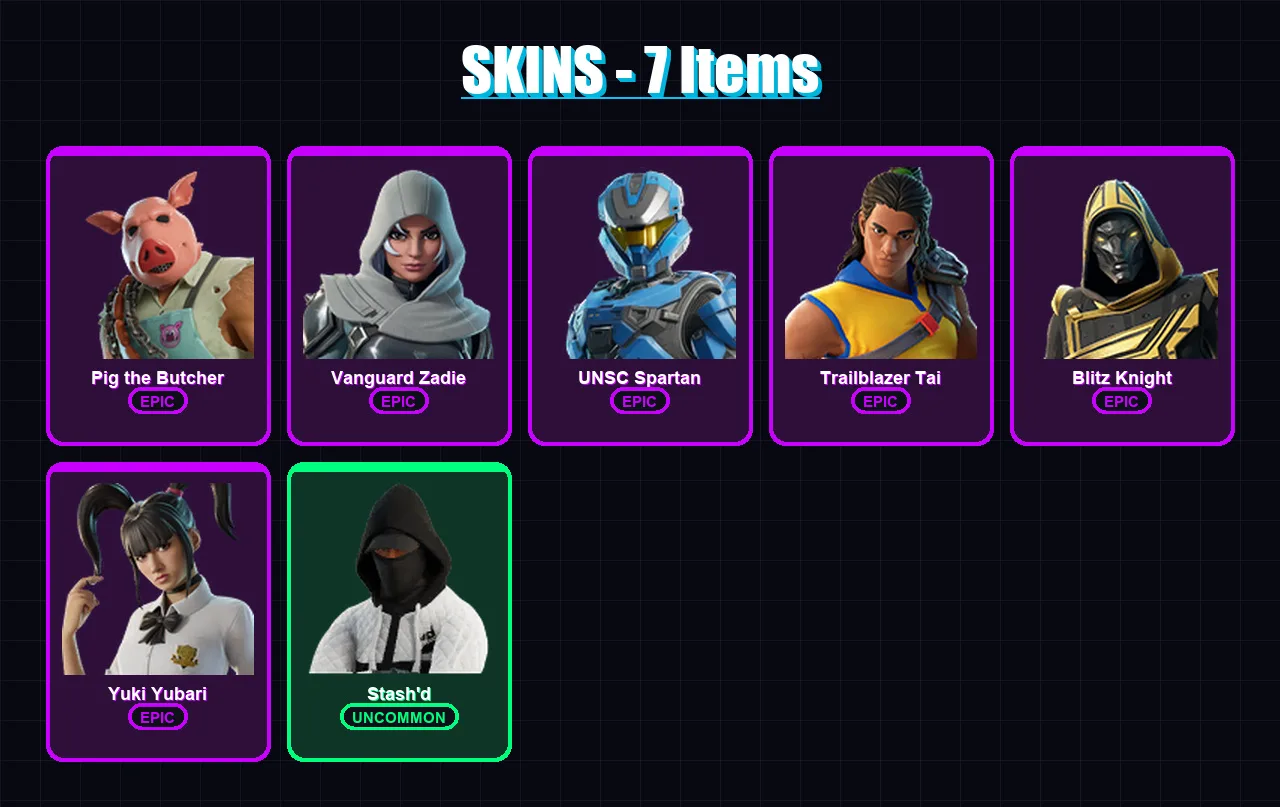 [PC/XBOX/PSN] | Pig the Butcher | Vanguard Zadie | UNSC Spartan | Trailblazer Tai | Blitz Knight | 7 skin | 66 pickaxe | 26 emote | 38 glider | Lv74