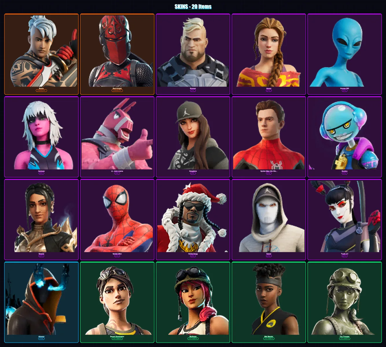 [PS4/PS5/PC] | Ronin | Red Knight | Gunnar | Haven | Human Bill | 20 skin | 26 pickaxe | 22 emote | 21 glider | Lv227