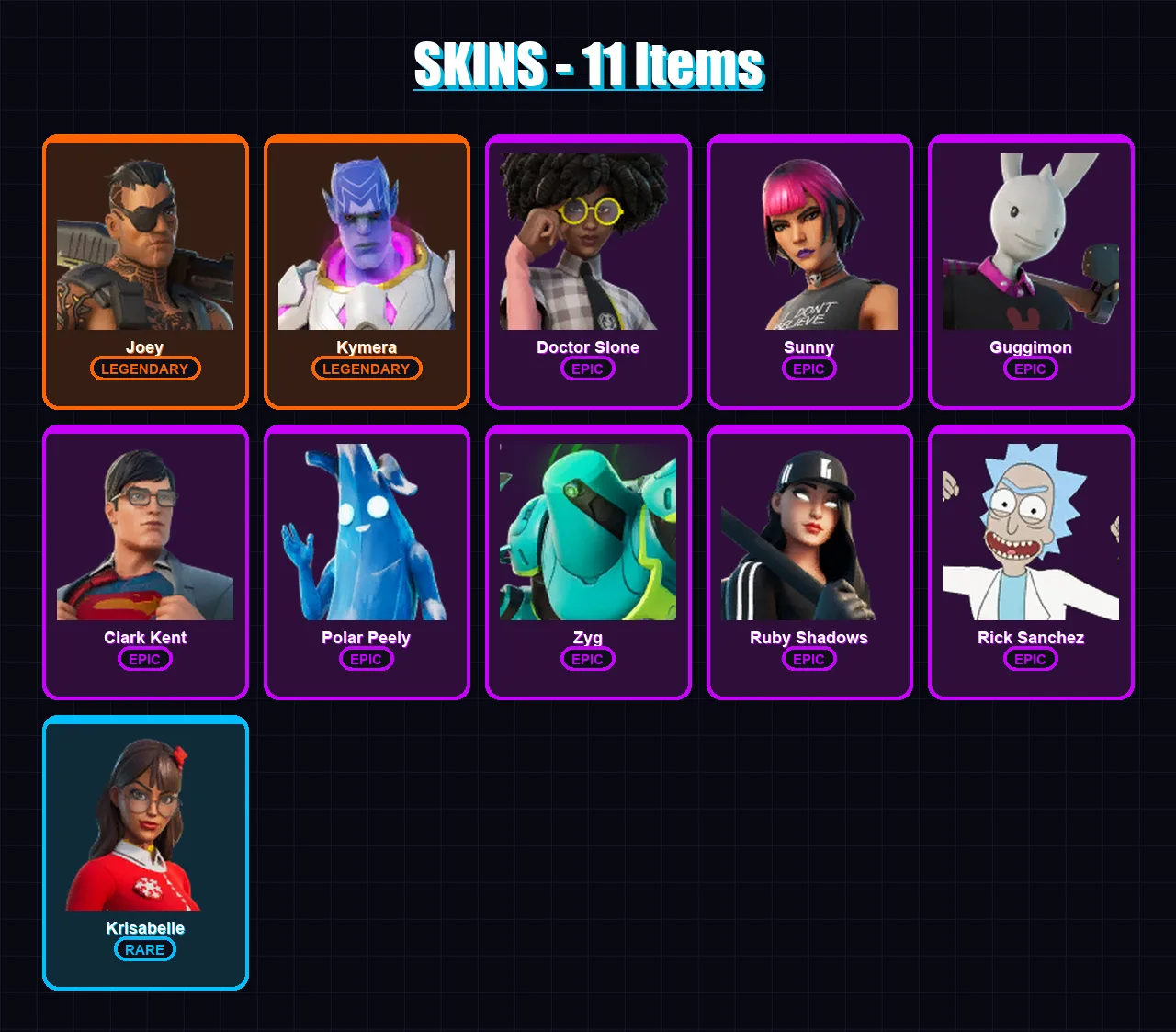 [PC/XBOX/PSN] | Joey | Kymera | Doctor Slone | Sunny | Guggimon | 11 skin | 26 pickaxe | 27 emote | 29 glider | Lv723