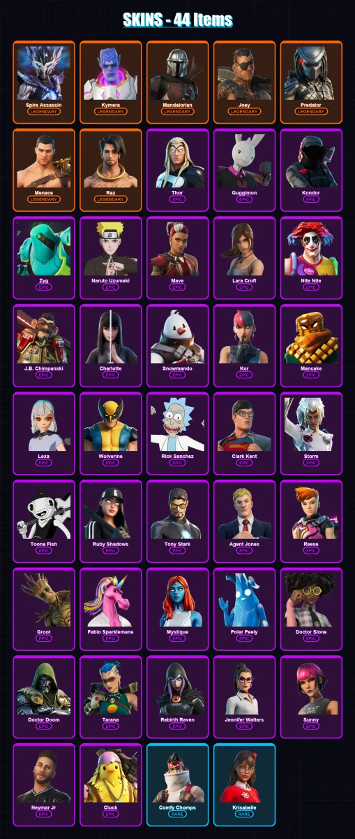 [PC/XBOX/PSN] | Spire Assassin | Kymera | Mandalorian | Joey | Predator | 44 skin | 52 pickaxe | 44 emote | 45 glider | Lv733