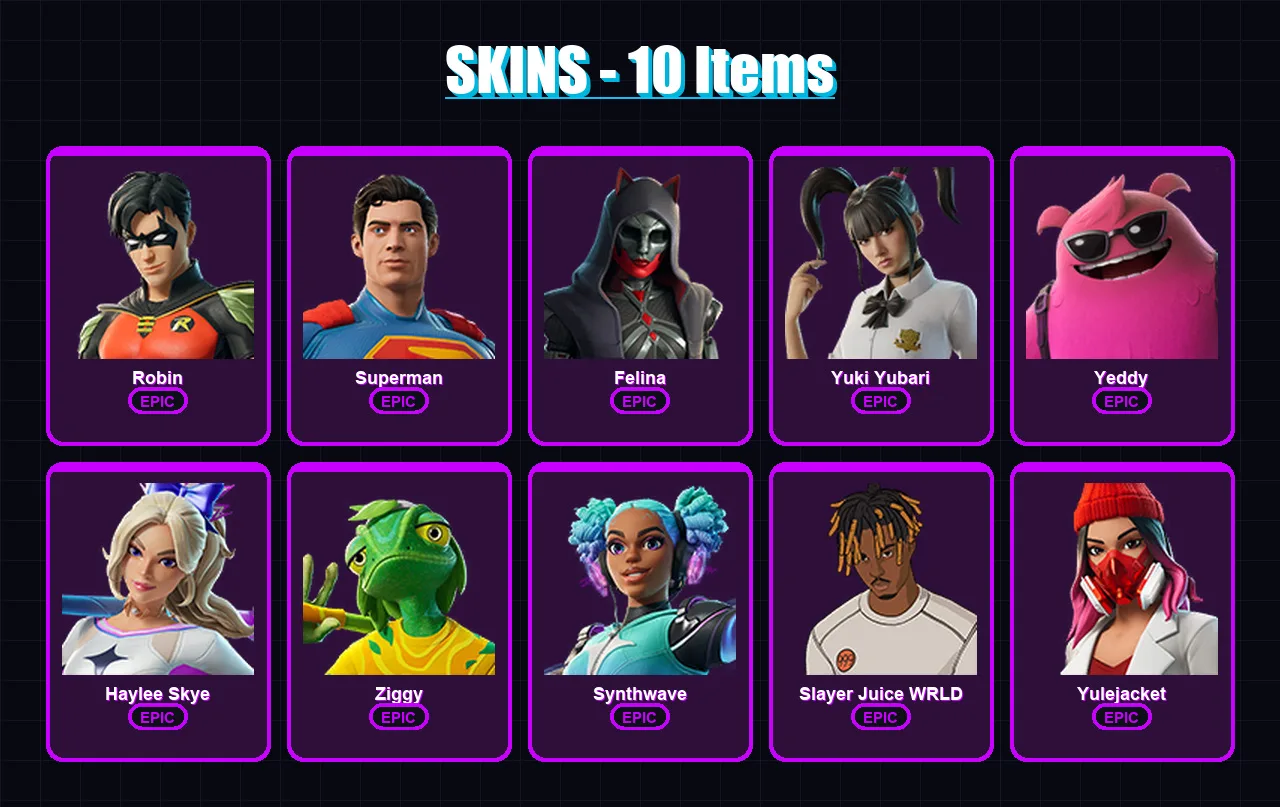 [PC/PSN] | Robin | Superman | Felina | Yuki Yubari | Yeddy | 10 skin | 54 pickaxe | 25 emote | 37 glider | Lv423