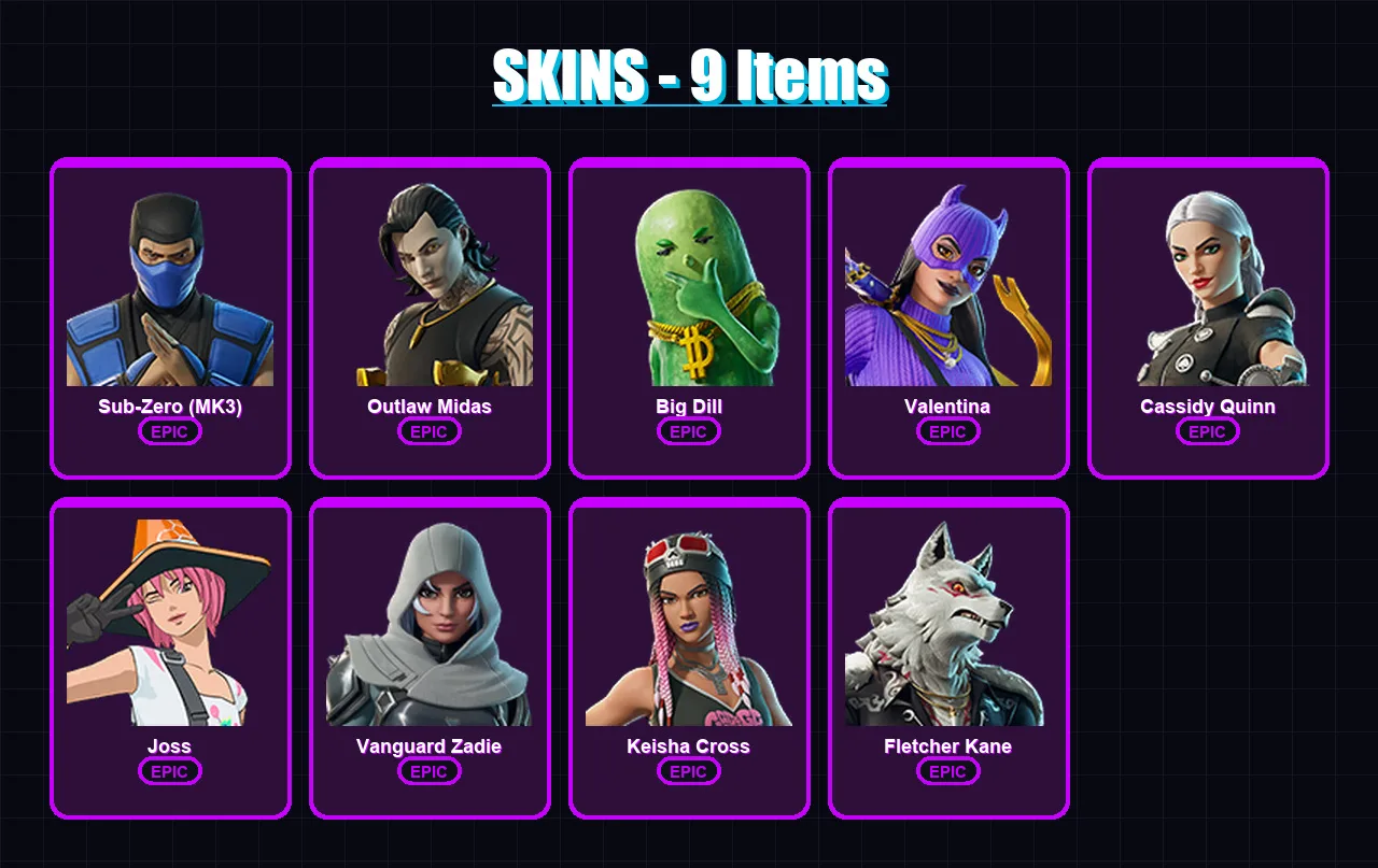 [PC/XBOX/PSN] | Sub-Zero (MK3) | Outlaw Midas | Big Dill | Valentina | Cassidy Quinn | 9 skin | 37 pickaxe | 21 emote | 23 glider | Lv353