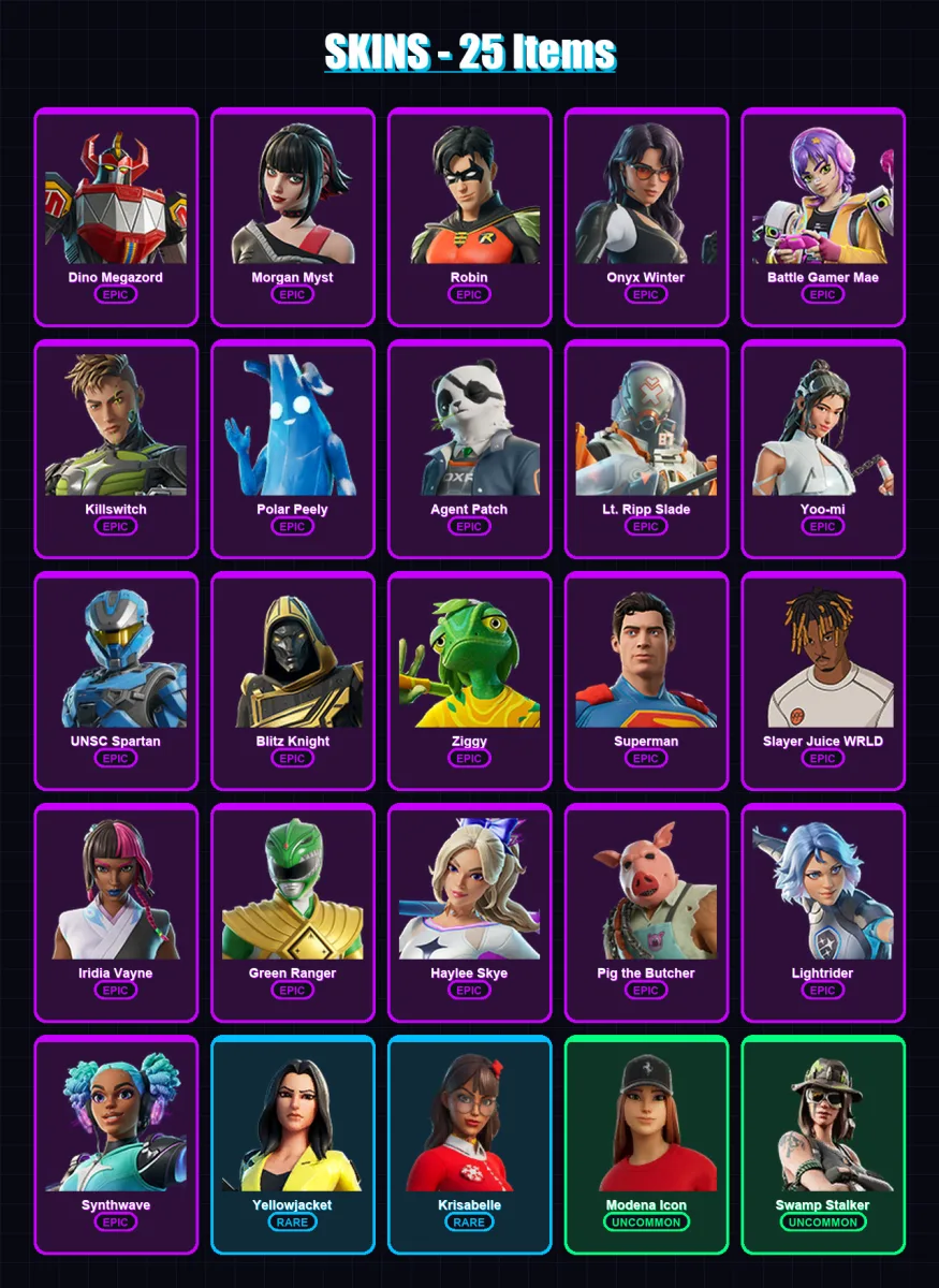 [PC/XBOX] | Dino Megazord | Morgan Myst | Robin | Onyx Winter | Battle Gamer Mae | 25 skin | 80 pickaxe | 59 emote | 60 glider | Lv1350