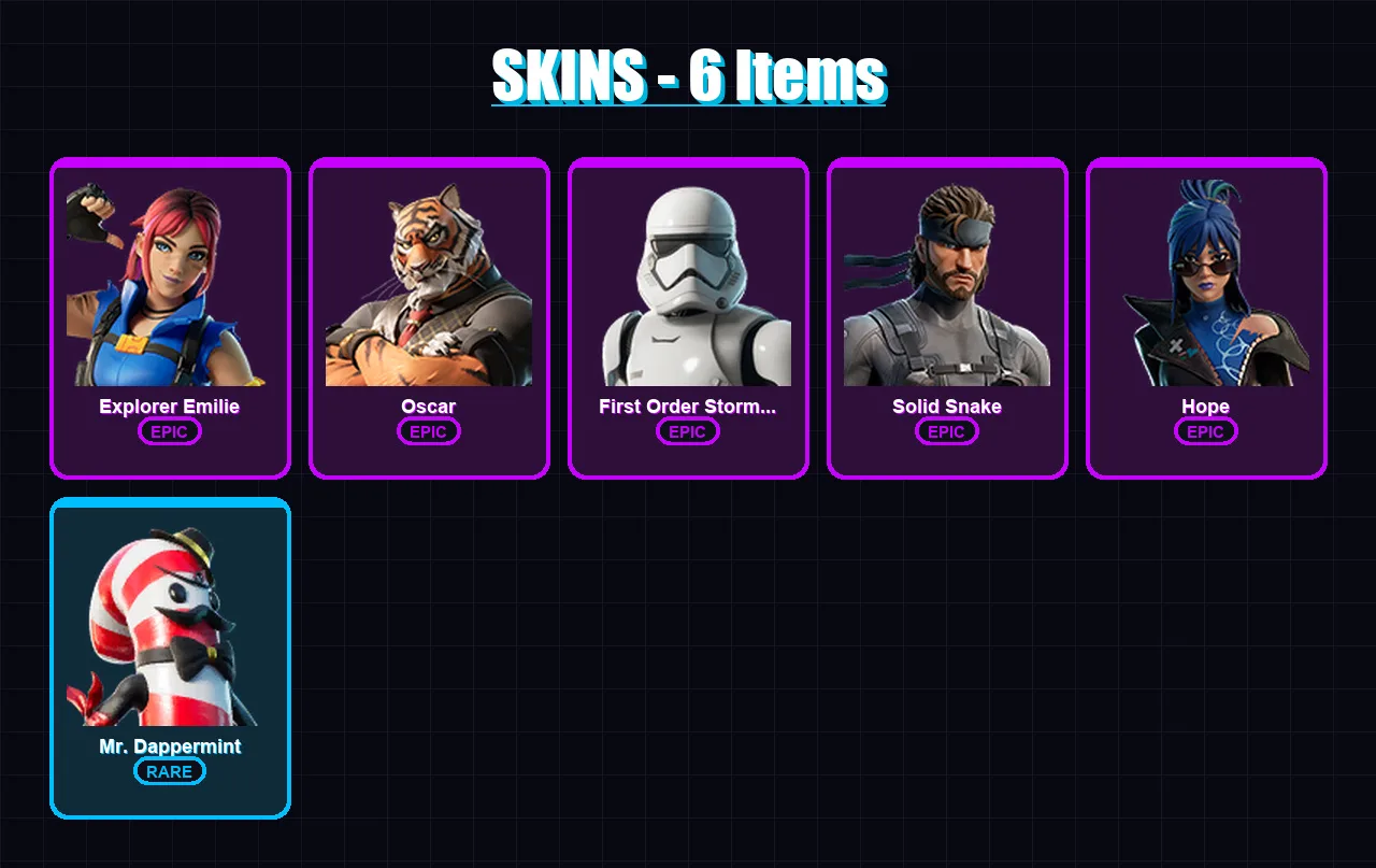 [PC/XBOX/PSN] | Explorer Emilie | Oscar | First Order Stormtrooper | Solid Snake | Hope | 6 skin | 5 pickaxe | 6 emote | 4 glider | Lv50