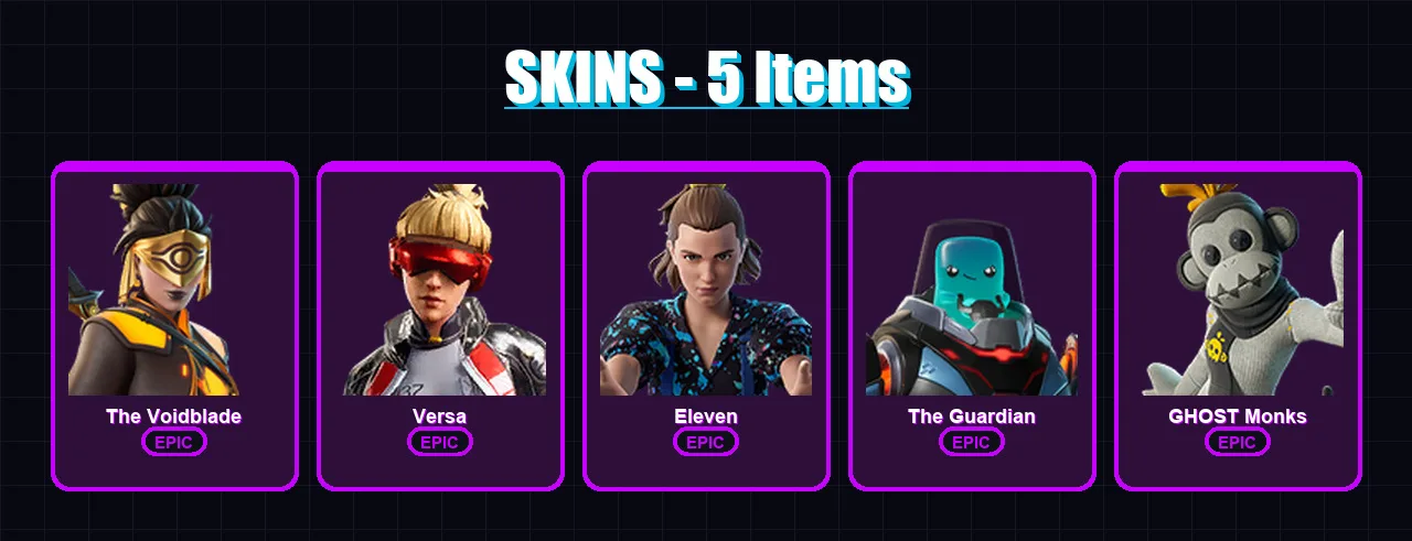 [PC/PSN] | The Voidblade | Versa | Eleven | The Guardian | GHOST Monks | 5 skin | 4 pickaxe | 7 emote | 6 glider | Lv32