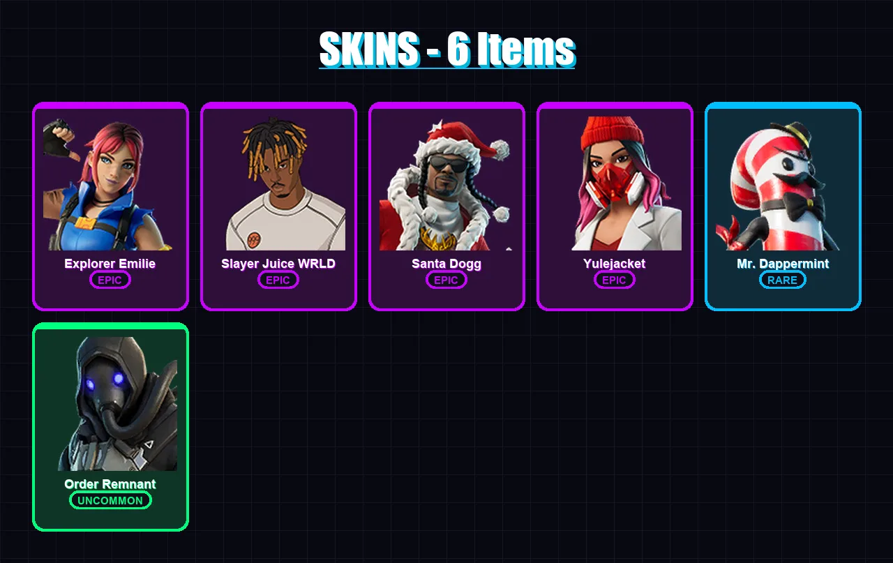 [PC/XBOX/PSN] | Explorer Emilie | Slayer Juice WRLD | Santa Dogg | Yulejacket | Mr. Dappermint | 6 skin | 20 pickaxe | 10 emote | 19 glider | Lv351