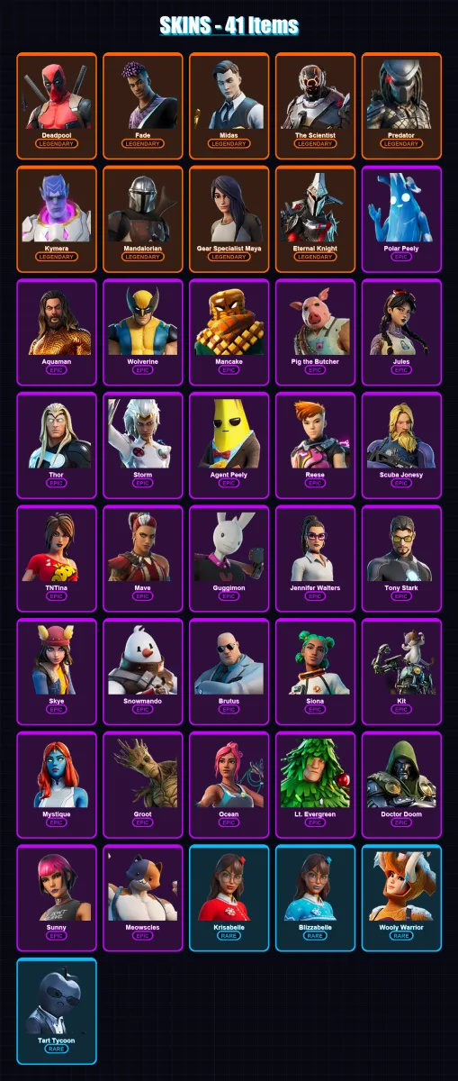 [PC/XBOX] | Deadpool | Fade | Midas | The Scientist | Predator | 41 skin | 51 pickaxe | 42 emote | 57 glider | Lv890