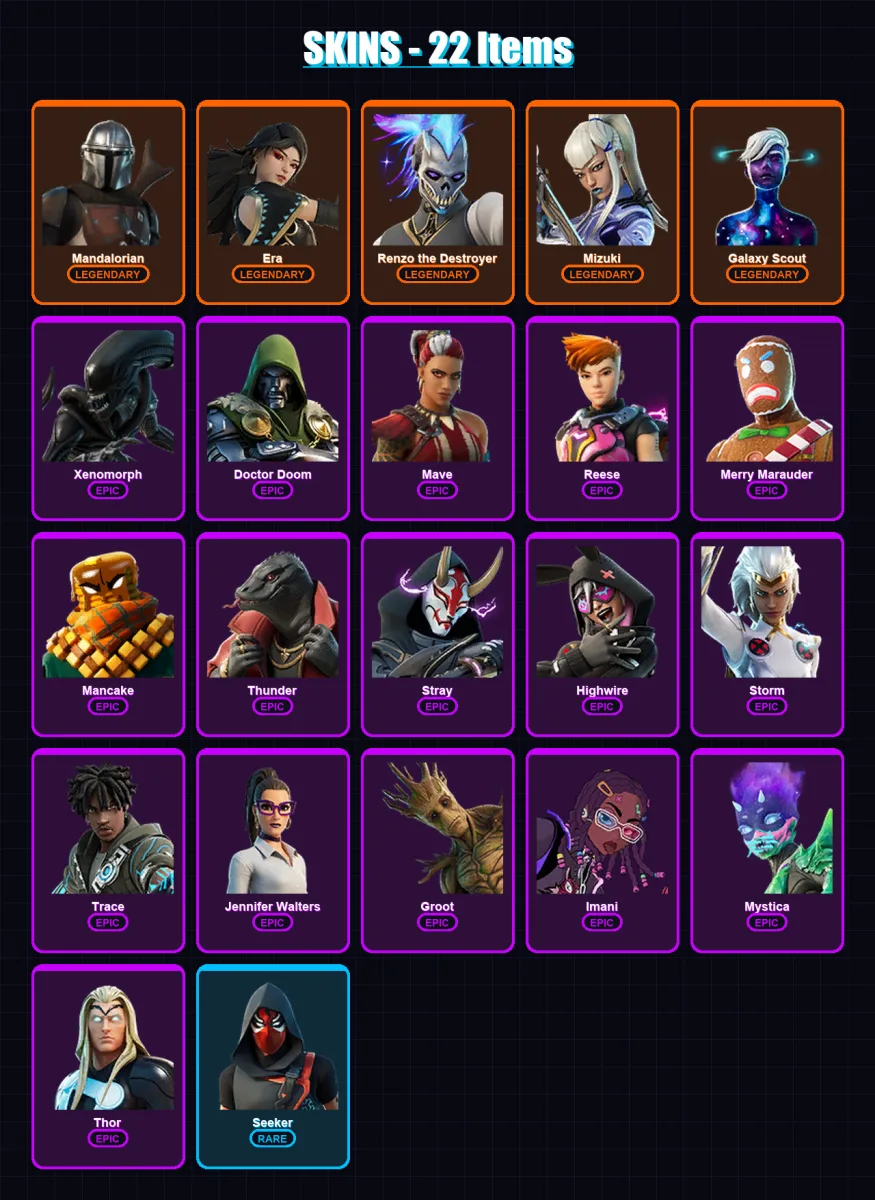 [PC/XBOX/PSN] | Mandalorian | Era | Renzo the Destroyer | Mizuki | Galaxy Scout | 22 skin | 30 pickaxe | 20 emote | 29 glider | Lv334