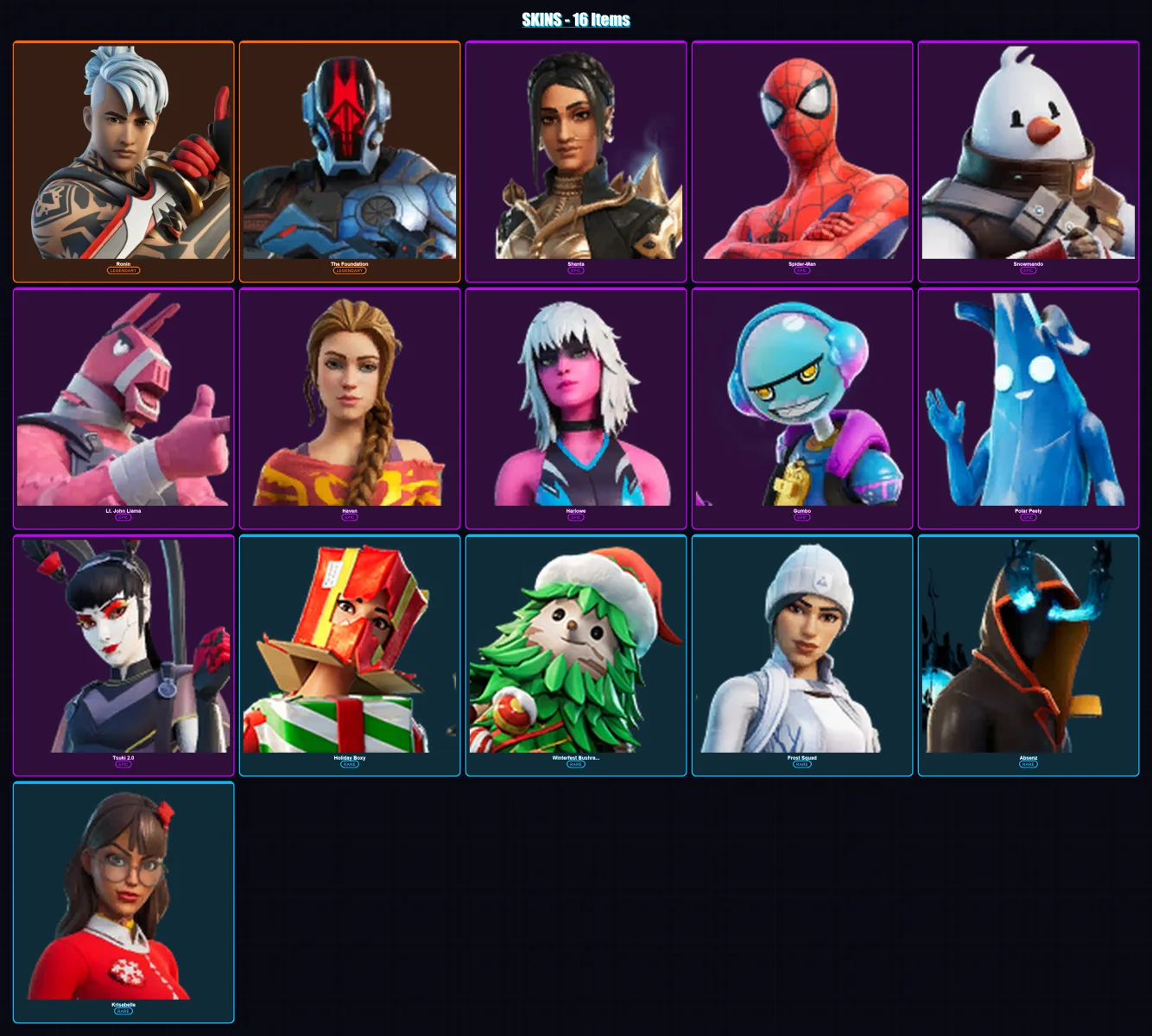 [PC/XBOX/PSN] | Ronin | The Foundation | Shanta | Spider-Man | Snowmando | 16 skin | 22 pickaxe | 18 emote | 21 glider | Lv306