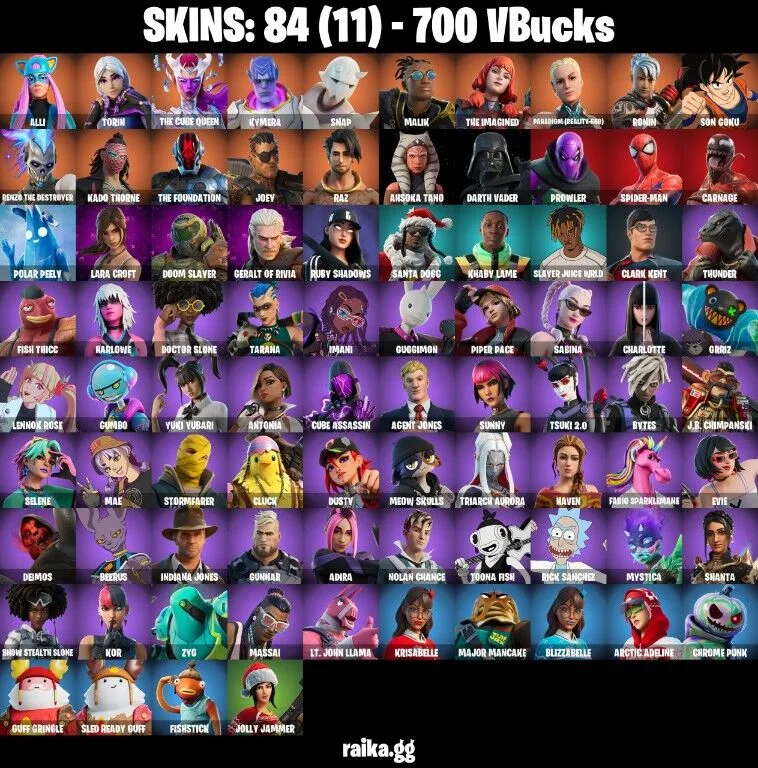 PC/PSN/XBOX 84 skins Lara Croft | Spider-Man | Geralt of Rivia | Alli | Torin | The Cube Queen | Kymera | Snap | 700 V-Bucks Fast Delivery — Fortnite account