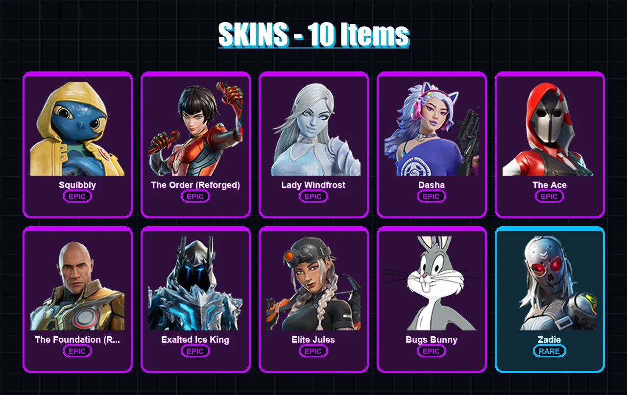 [PC/XBOX/PSN] | Squibbly | The Order (Reforged) | Lady Windfrost | Dasha | The Ace | 10 skin | 21 pickaxe | 11 emote | 19 glider | Lv193