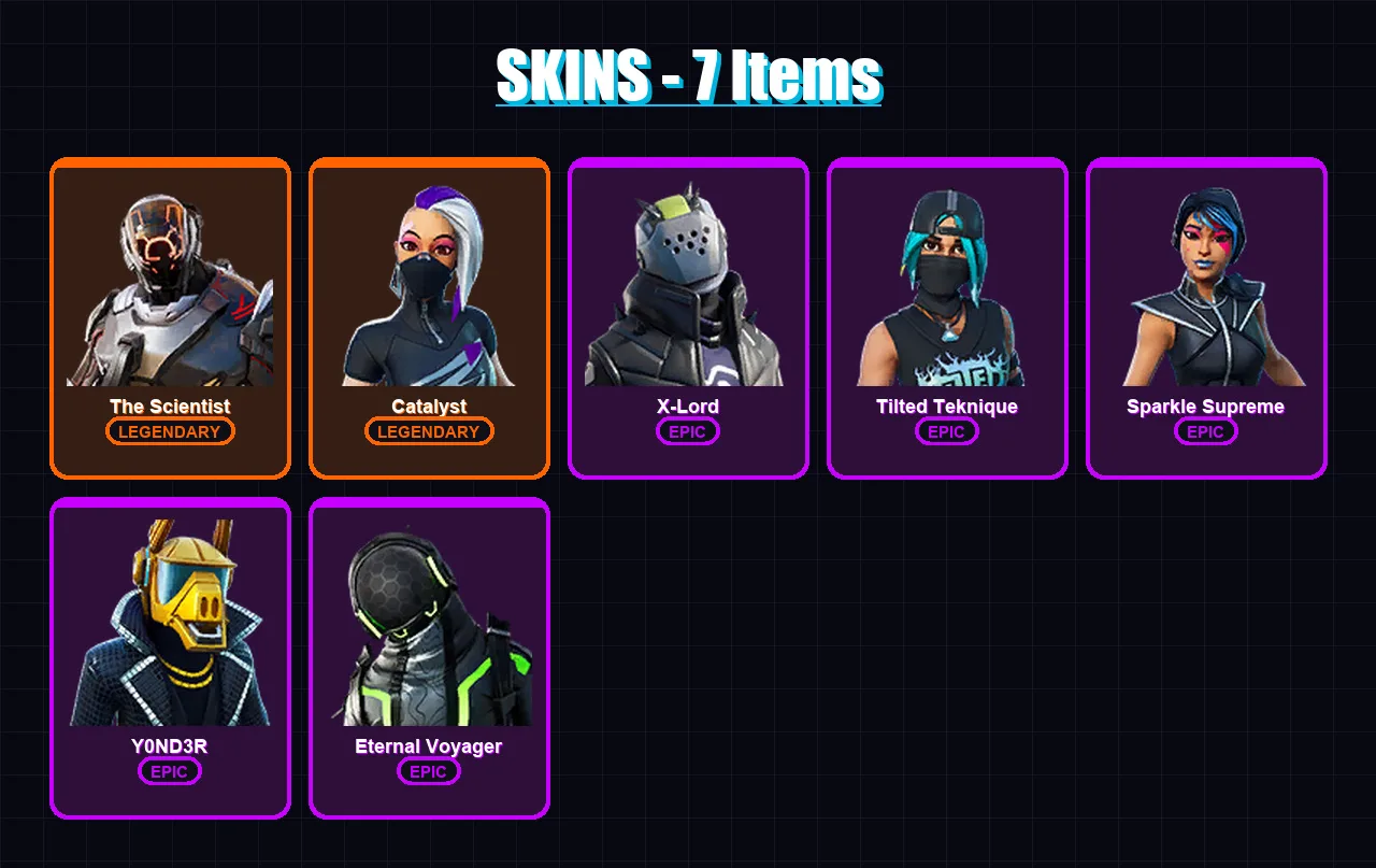 [PC/XBOX/PSN] | The Scientist | Catalyst | X-Lord | Tilted Teknique | Sparkle Supreme | 7 skin | 7 pickaxe | 11 emote | 11 glider | Lv92