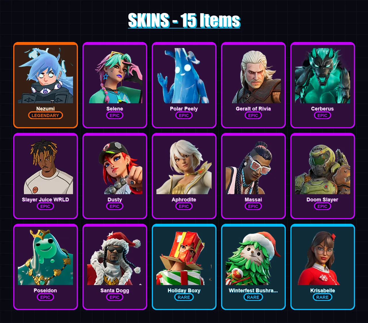 [PC/XBOX/PSN] | Nezumi | Selene | Polar Peely | Geralt of Rivia | Cerberus | 15 skin | 22 pickaxe | 10 emote | 22 glider | Lv178