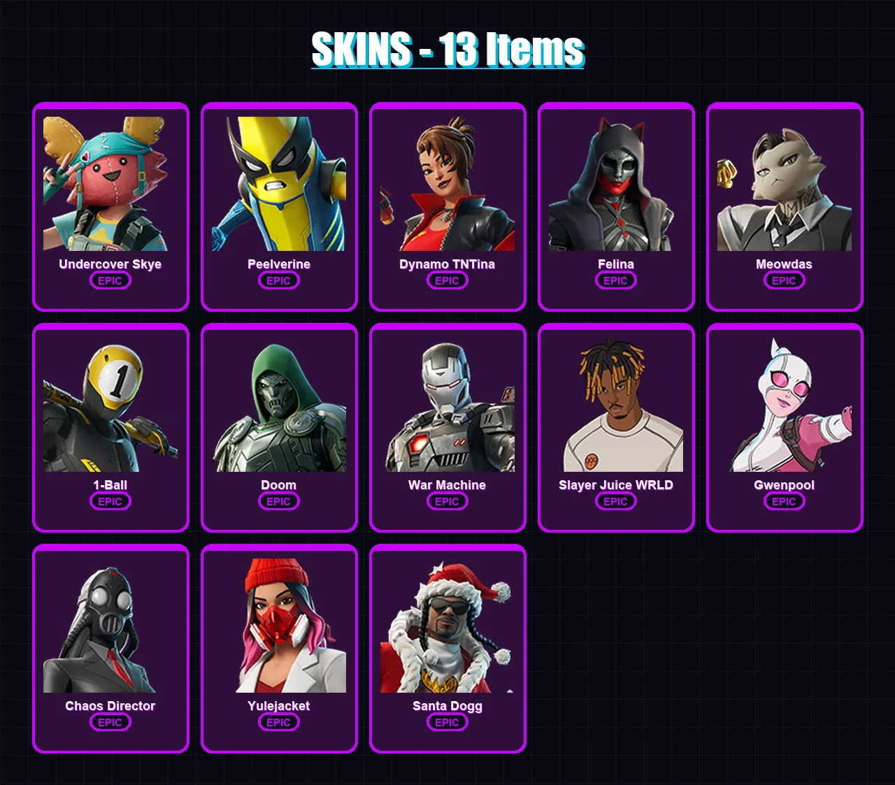 [PC/XBOX/PSN] | Undercover Skye | Peelverine | Dynamo TNTina | Felina | Meowdas | 13 skin | 31 pickaxe | 22 emote | 21 glider | Lv442