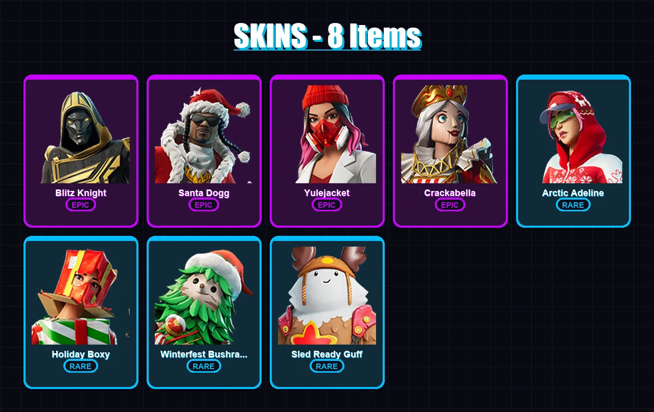 [PC] | Blitz Knight | Santa Dogg | Yulejacket | Crackabella | Arctic Adeline | 8 skin | 34 pickaxe | 12 emote | 24 glider | Lv284