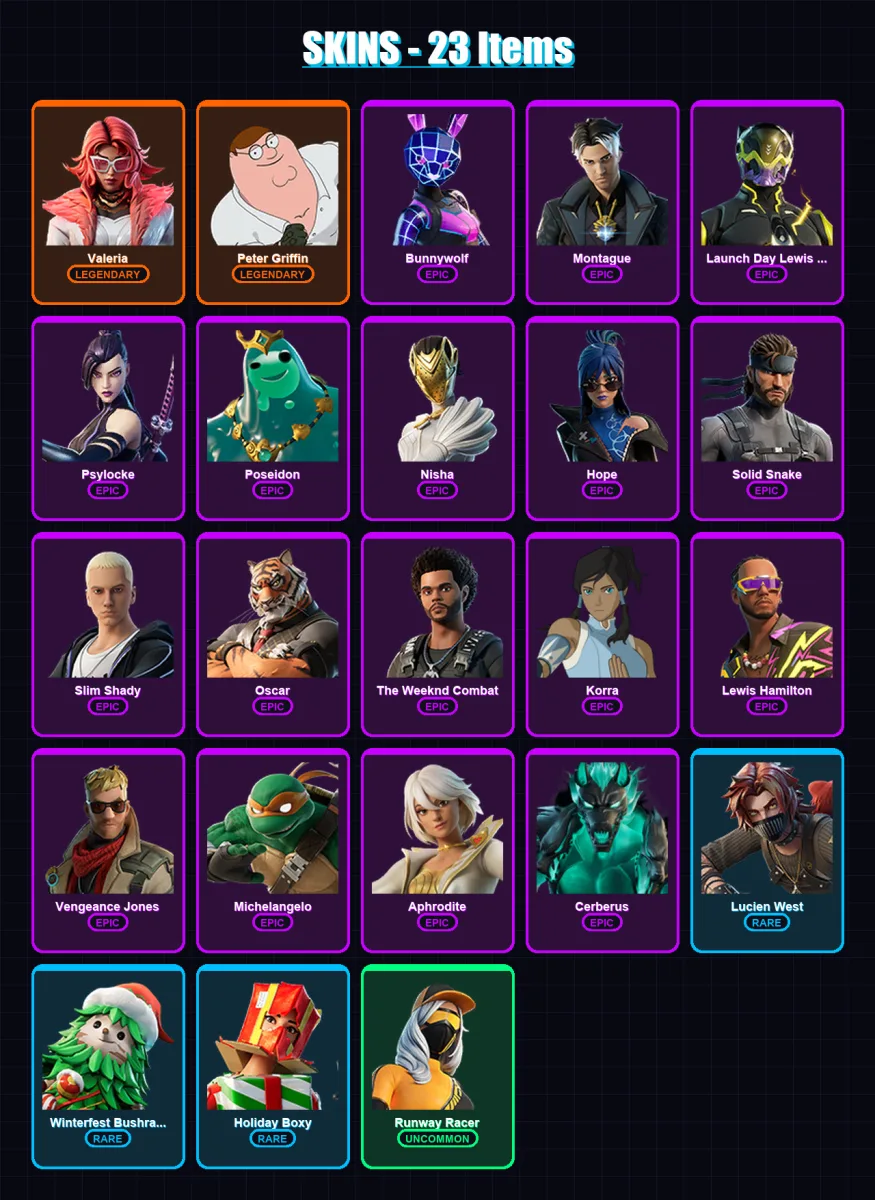 [PS4/PS5/XBOX/PC] | Valeria | Peter Griffin | Bunnywolf | Montague | Launch Day Lewis Hamilton | 23 skin | 40 pickaxe | 25 emote | 26 glider | Lv333