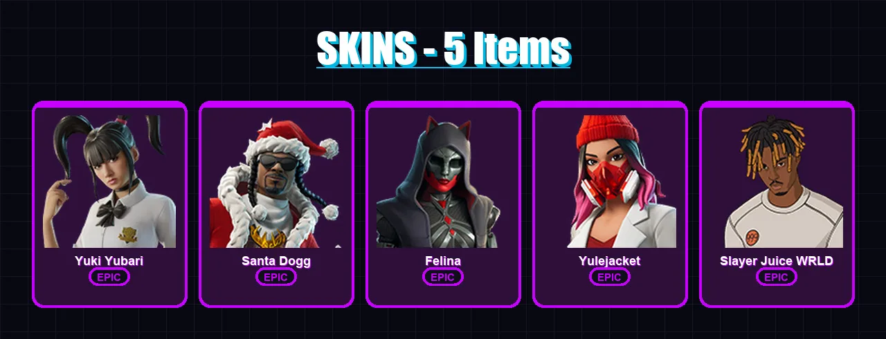 [PC/XBOX/PSN] | Yuki Yubari | Santa Dogg | Felina | Yulejacket | Slayer Juice WRLD | 5 skin | 34 pickaxe | 15 emote | 22 glider | Lv252