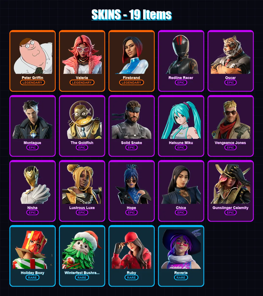 [PC/XBOX/PSN] | Peter Griffin | Valeria | Firebrand | Redline Racer | Oscar | 19 skin | 19 pickaxe | 11 emote | 11 glider | Lv146