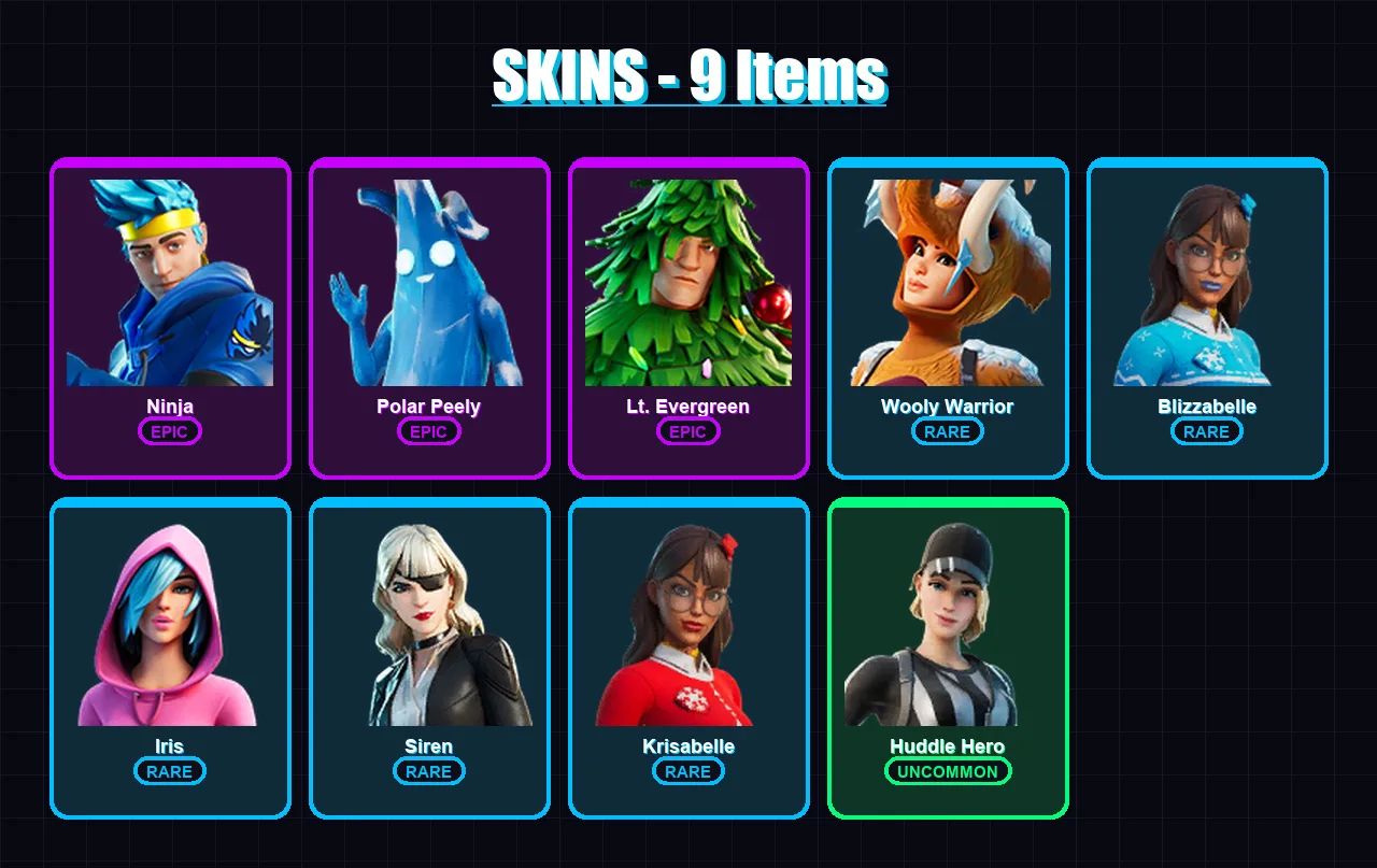 [PC/XBOX] | Ninja | Polar Peely | Lt. Evergreen | Wooly Warrior | Blizzabelle | 9 skin | 27 pickaxe | 36 emote | 23 glider | Lv672