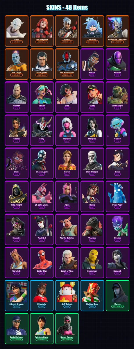 [PC/XBOX] | Snap | The Imagined | Ronin | Nezumi | Renzo the Destroyer | 48 skin | 69 pickaxe | 52 emote | 59 glider | Lv1326
