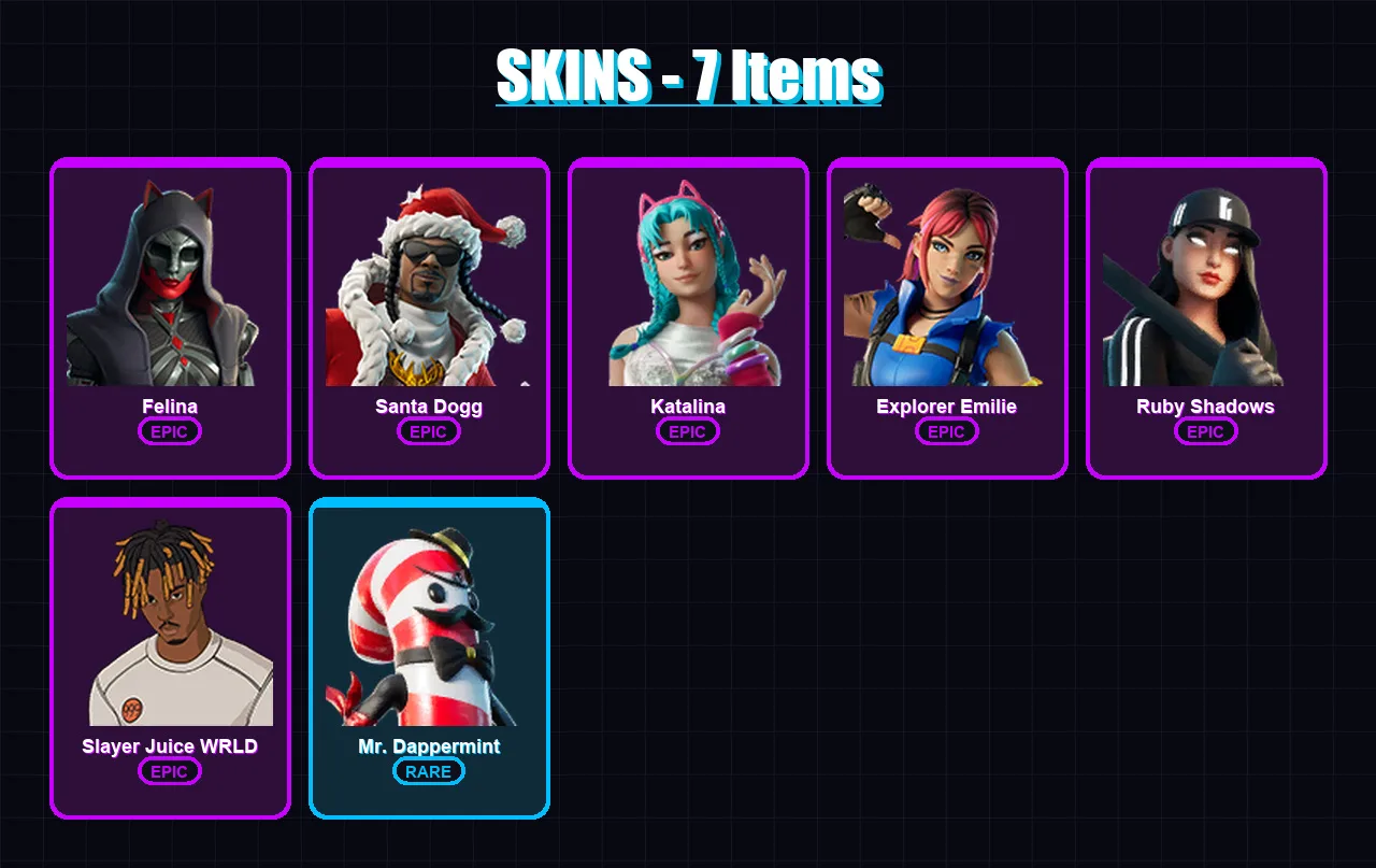 [PC/XBOX/PSN] | Felina | Santa Dogg | Katalina | Explorer Emilie | Ruby Shadows | 7 skin | 36 pickaxe | 13 emote | 25 glider | Lv353