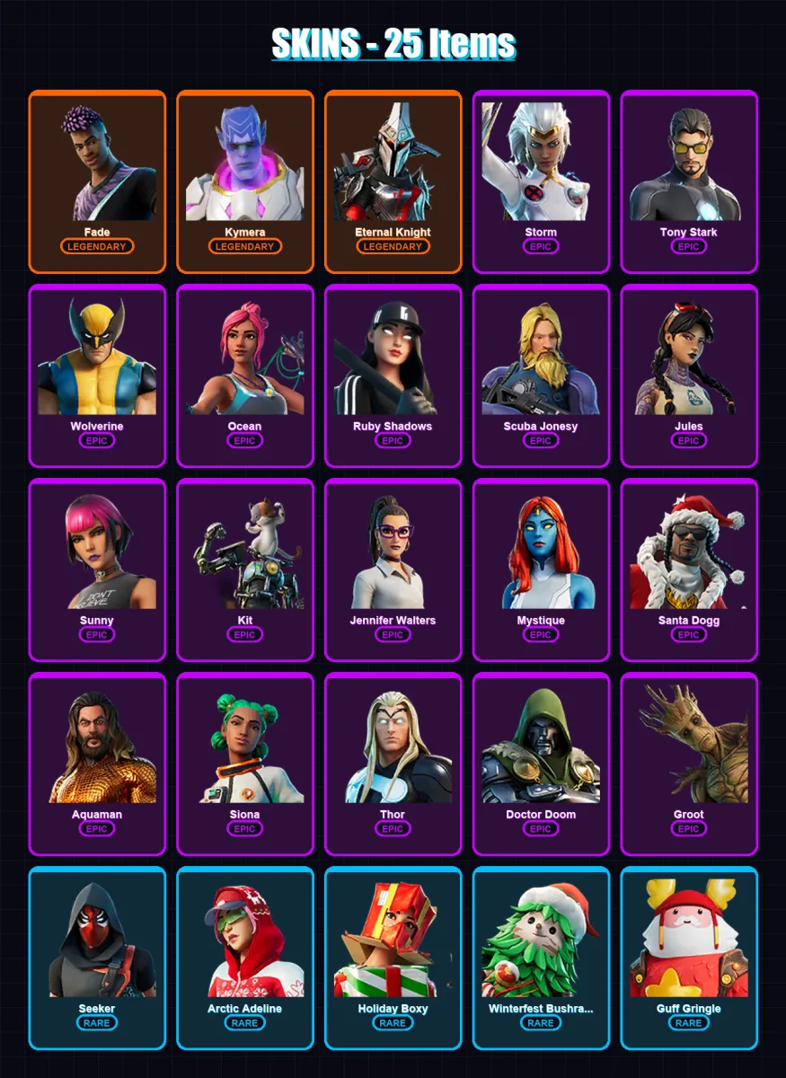 [PC/XBOX/PSN] | Fade | Kymera | Eternal Knight | Storm | Tony Stark | 25 skin | 42 pickaxe | 33 emote | 47 glider | Lv567 — Fortnite account