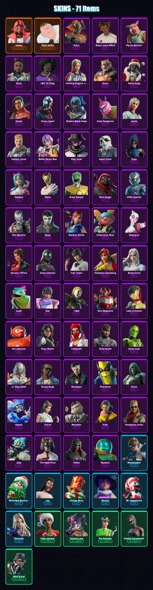 [PC/XBOX/PSN] | Valeria | Peter Griffin | Polus | Slayer Juice WRLD | Pig the Butcher | 71 skin | 130 pickaxe | 64 emote | 80 glider | Lv1572