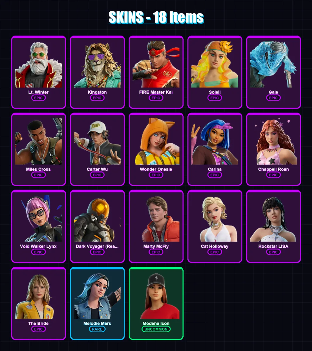 [PC/XBOX/PSN] | Lt. Winter | Kingston | FIRE Master Kai | Soleil | Gale | 18 skin | 31 pickaxe | 22 emote | 21 glider | Lv299