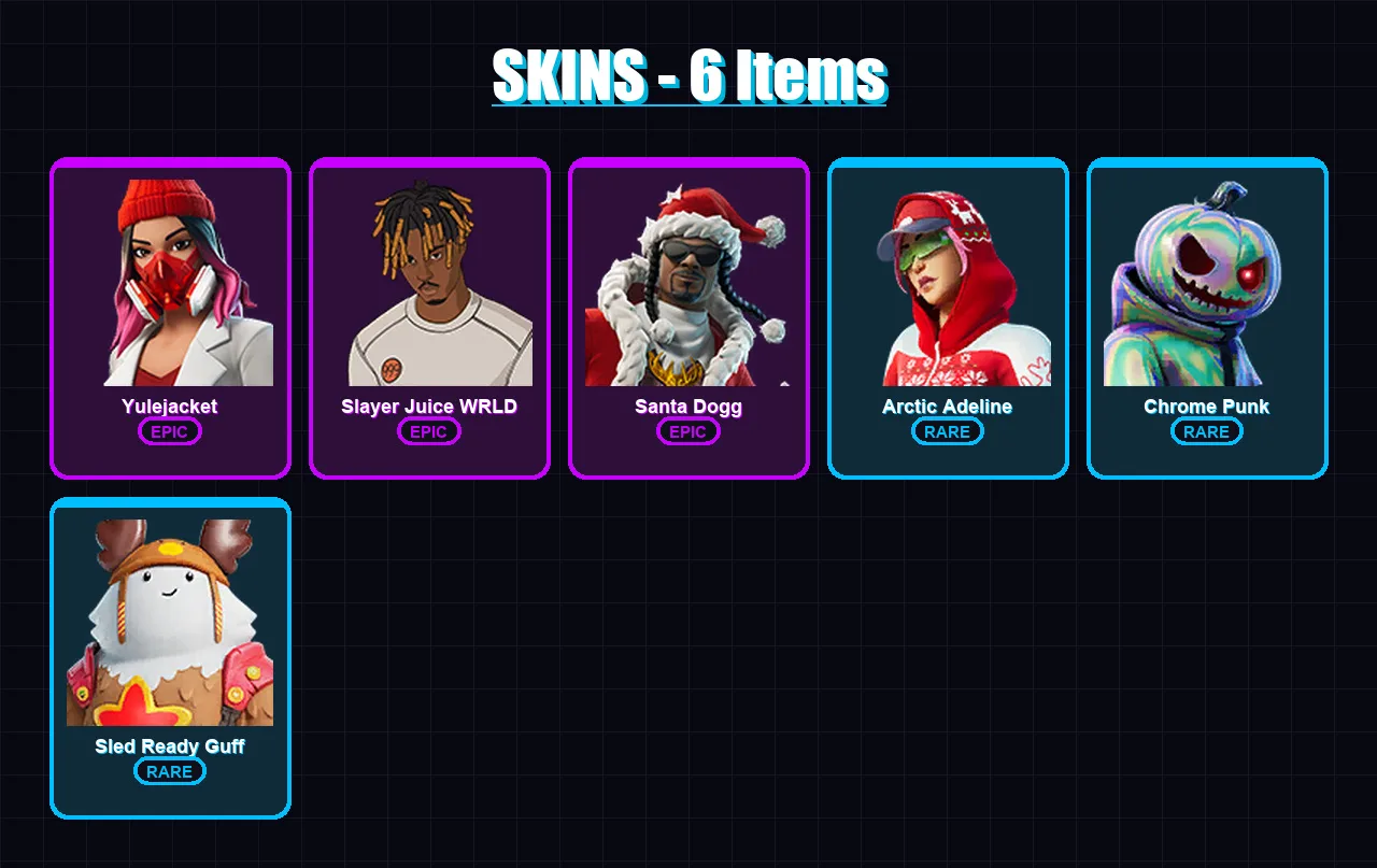 [PC/PSN] | Yulejacket | Slayer Juice WRLD | Santa Dogg | Arctic Adeline | Chrome Punk | 6 skin | 43 pickaxe | 24 emote | 35 glider | Lv610