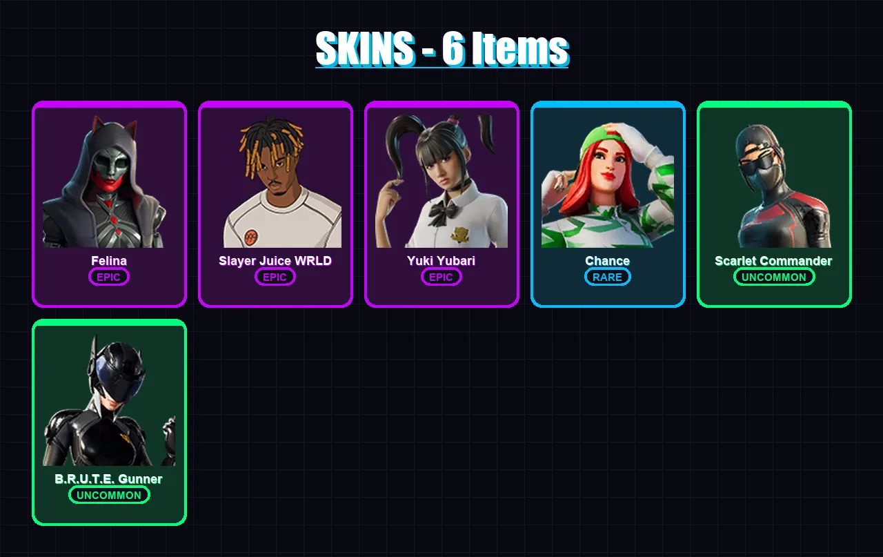 [PC/XBOX/PSN] | Felina | Slayer Juice WRLD | Yuki Yubari | Chance | Scarlet Commander | 6 skin | 79 pickaxe | 37 emote | 54 glider | Lv1085