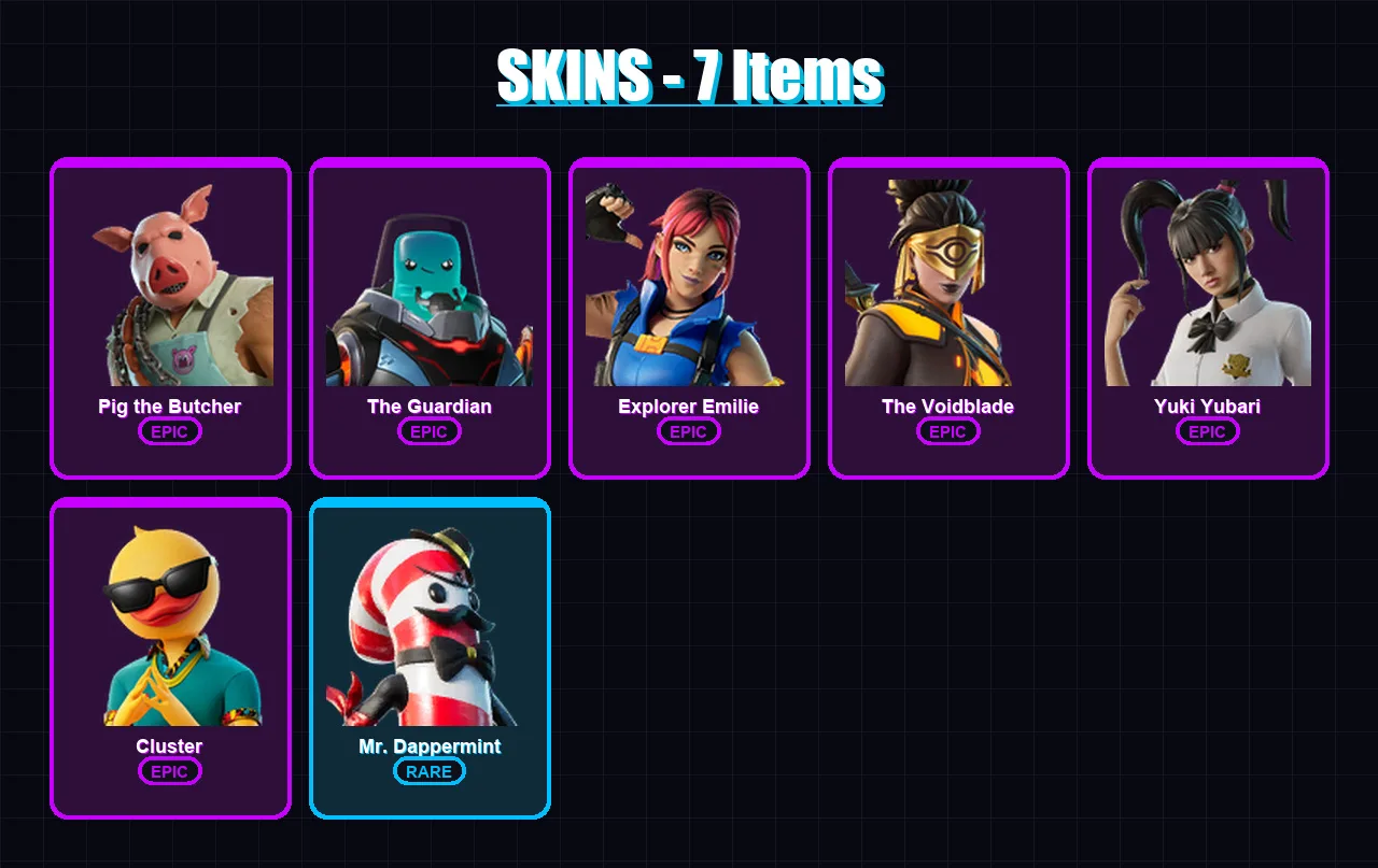 [PC/XBOX/PSN] | Pig the Butcher | The Guardian | Explorer Emilie | The Voidblade | Yuki Yubari | 7 skin | 40 pickaxe | 21 emote | 29 glider | Lv393