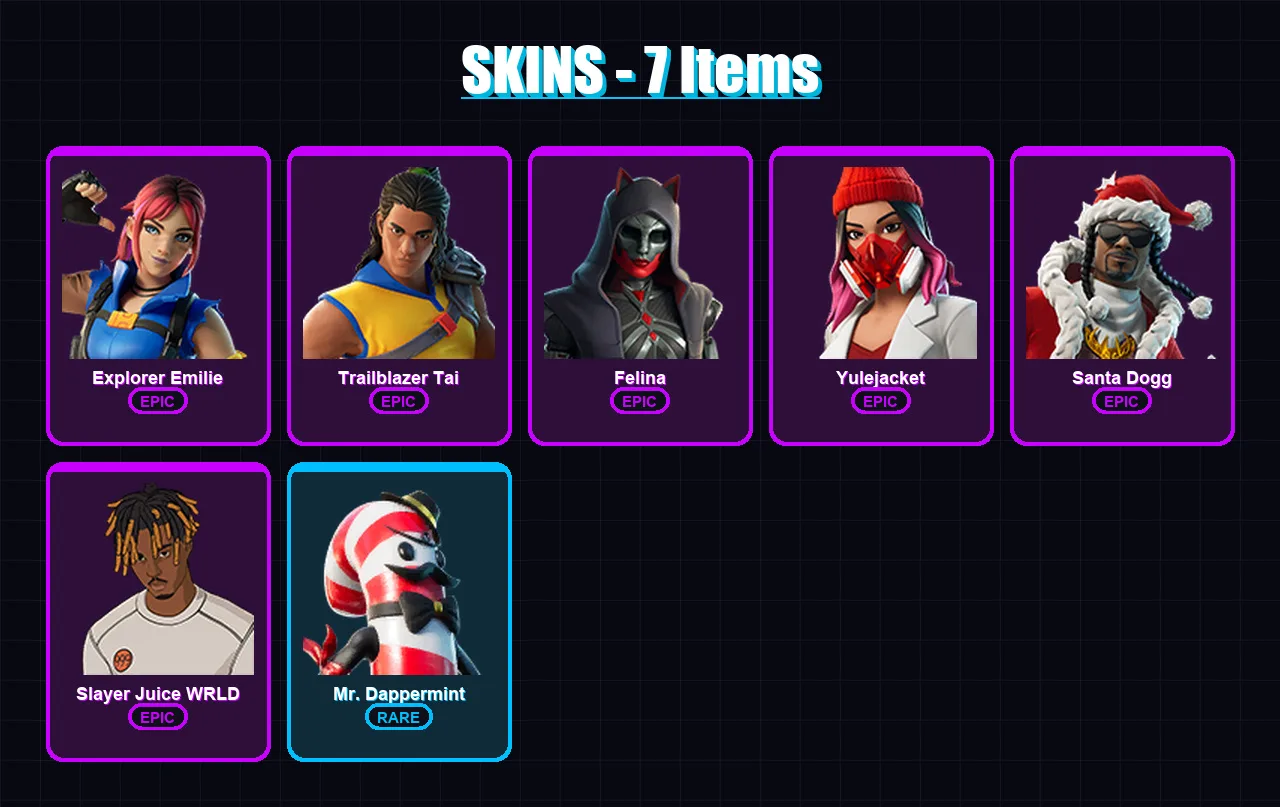 [PC/XBOX/PSN] | Explorer Emilie | Trailblazer Tai | Felina | Yulejacket | Santa Dogg | 7 skin | 19 pickaxe | 7 emote | 12 glider | Lv240