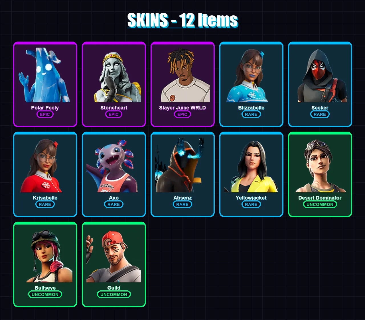 [PC/XBOX/PSN] | Polar Peely | Stoneheart | Slayer Juice WRLD | Blizzabelle | Seeker | 12 skin | 27 pickaxe | 15 emote | 19 glider | Lv330