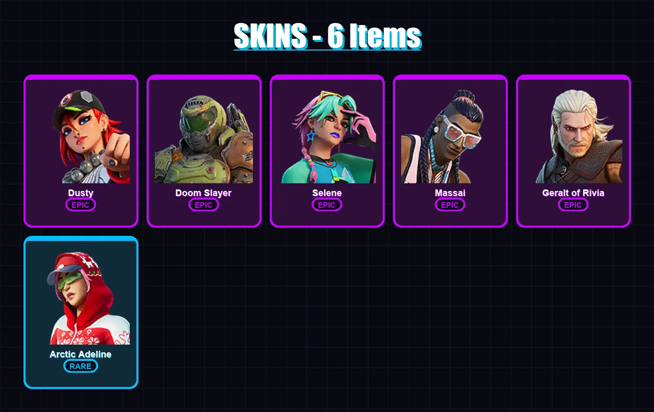 [PC/XBOX/PSN] | Dusty | Doom Slayer | Selene | Massai | Geralt of Rivia | 6 skin | 9 pickaxe | 10 emote | 13 glider | Lv79