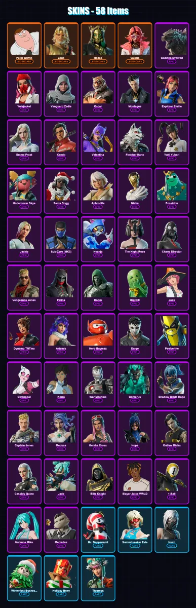 [PC] | Peter Griffin | Zeus | Hades | Valeria | Godzilla Evolved | 58 skin | 110 pickaxe | 65 emote | 69 glider | Lv1130
