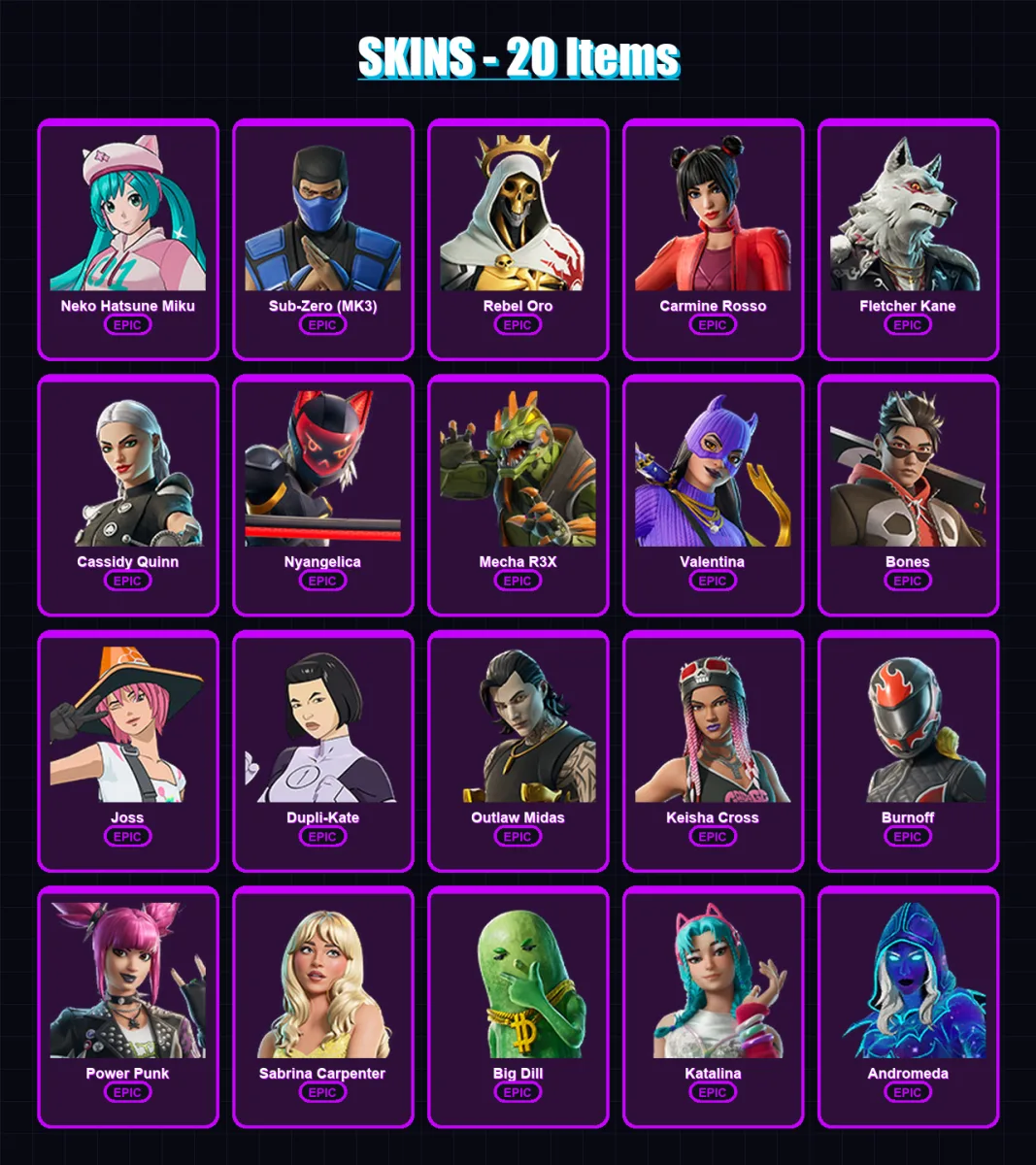 [PC/PSN] | Neko Hatsune Miku | Sub-Zero (MK3) | Rebel Oro | Carmine Rosso | Fletcher Kane | 20 skin | 27 pickaxe | 21 emote | 17 glider | Lv171