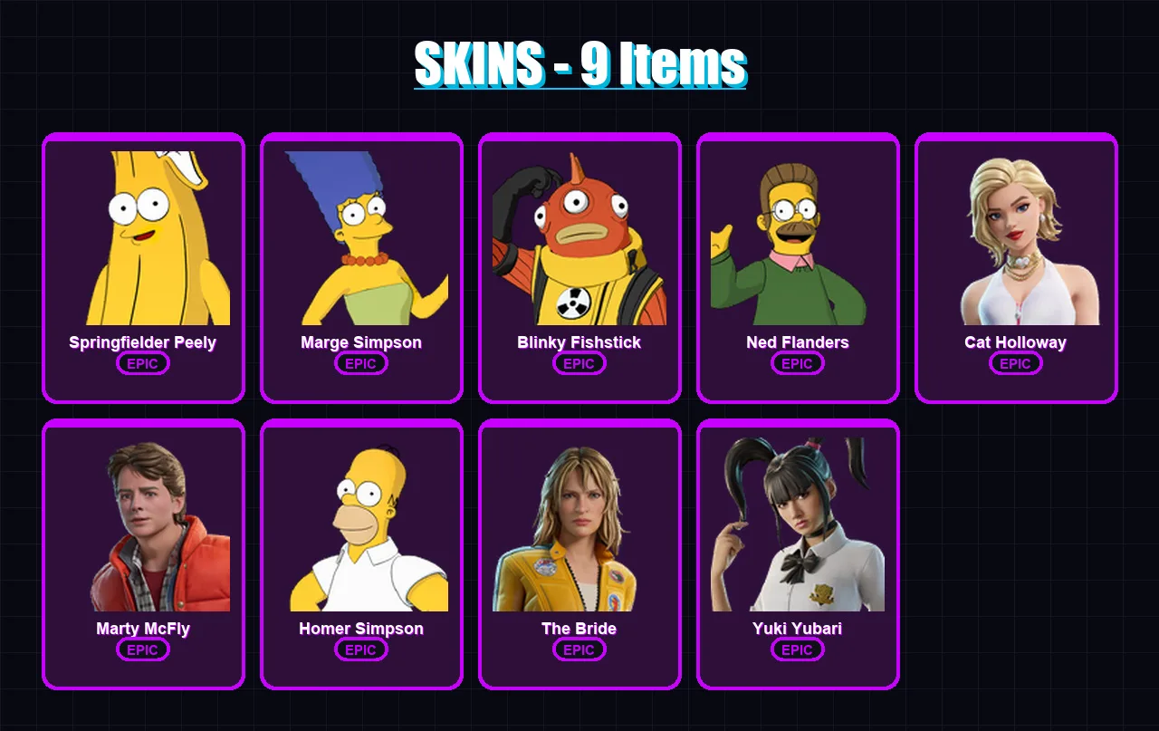 [PC/XBOX/PSN] | Springfielder Peely | Marge Simpson | Blinky Fishstick | 9 skin | Lv87