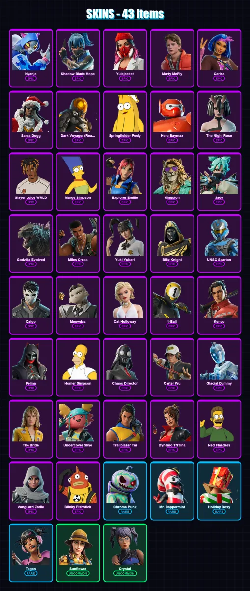 [PC/XBOX/PSN] | Nyanja | Shadow Blade Hope | Yulejacket | Marty McFly | Carina | 43 skin | 119 pickaxe | 62 emote | 81 glider | Lv1322