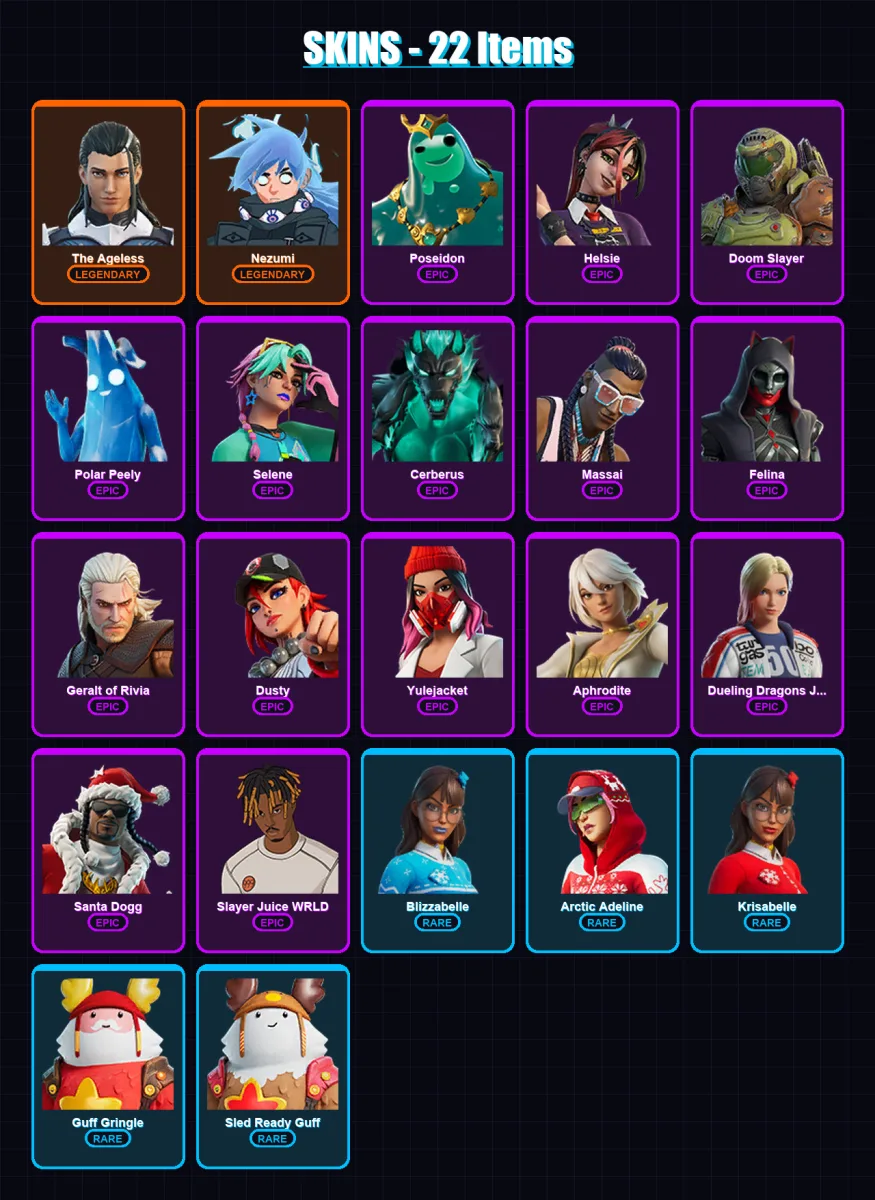 [PS4/PS5/XBOX/PC] | The Ageless | Nezumi | Poseidon | Helsie | Doom Slayer | 22 skin | 48 pickaxe | 31 emote | 39 glider | Lv1001