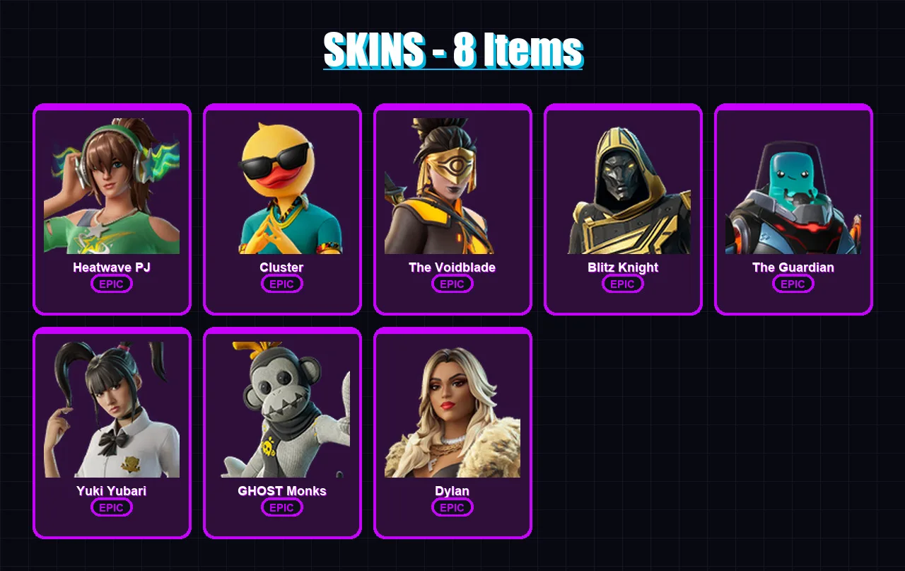 [PC/PSN] | Heatwave PJ | Cluster | The Voidblade | Blitz Knight | The Guardian | 8 skin | 44 pickaxe | 24 emote | 30 glider | Lv400