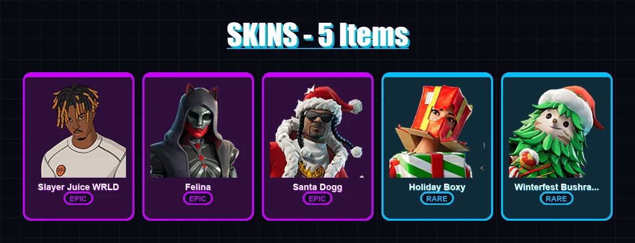 [PC] | Slayer Juice WRLD | Felina | Santa Dogg | Holiday Boxy | Winterfest Bushranger | 5 skin | 19 pickaxe | 10 emote | 13 glider | Lv184