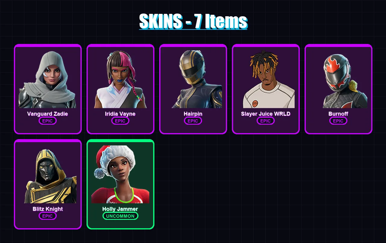 [PC/XBOX] | Vanguard Zadie | Iridia Vayne | Hairpin | Slayer Juice WRLD | Burnoff | 7 skin | 49 pickaxe | 18 emote | 30 glider | Lv394
