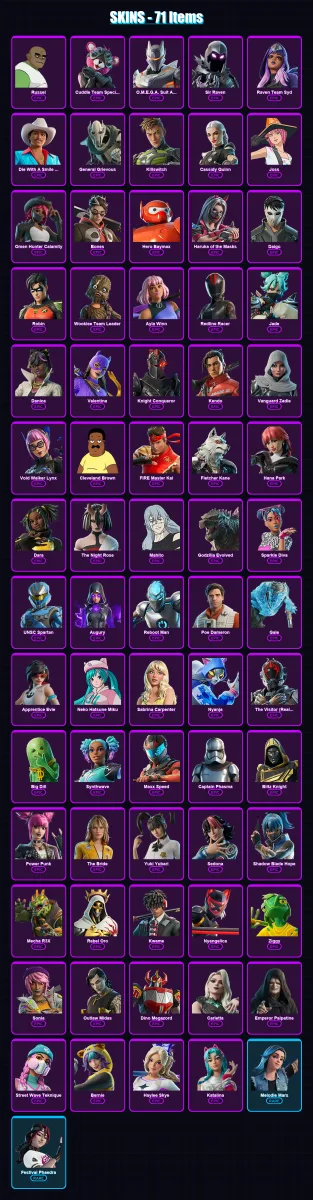 [PC/PSN] | Russel | Cuddle Team Specialist | O.M.E.G.A. Suit Alpha | Sir Raven | Raven Team Syd | 71 skin | 82 pickaxe | 53 emote | 48 glider | Lv38