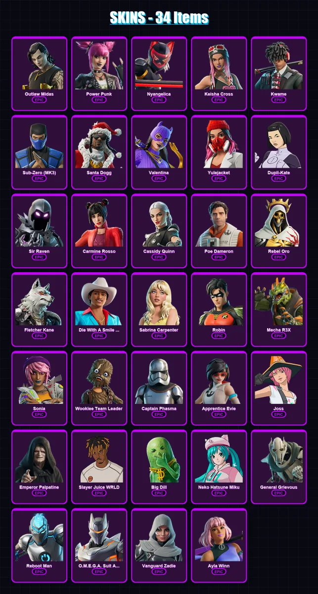 [PC/XBOX/PSN] | Outlaw Midas | Power Punk | Nyangelica | Keisha Cross | Kwame | 34 skin | 54 pickaxe | 53 emote | 29 glider | Lv812 — Fortnite account