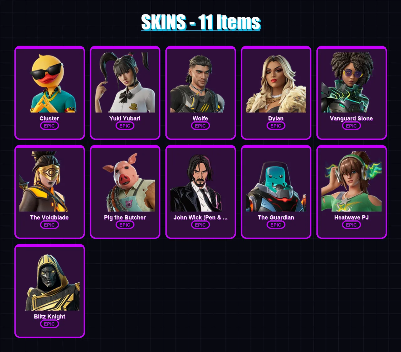 [PS4/PS5/XBOX/PC] | Cluster | Yuki Yubari | Wolfe | Dylan | Vanguard Slone | 11 skin | 59 pickaxe | 29 emote | 40 glider | Lv451