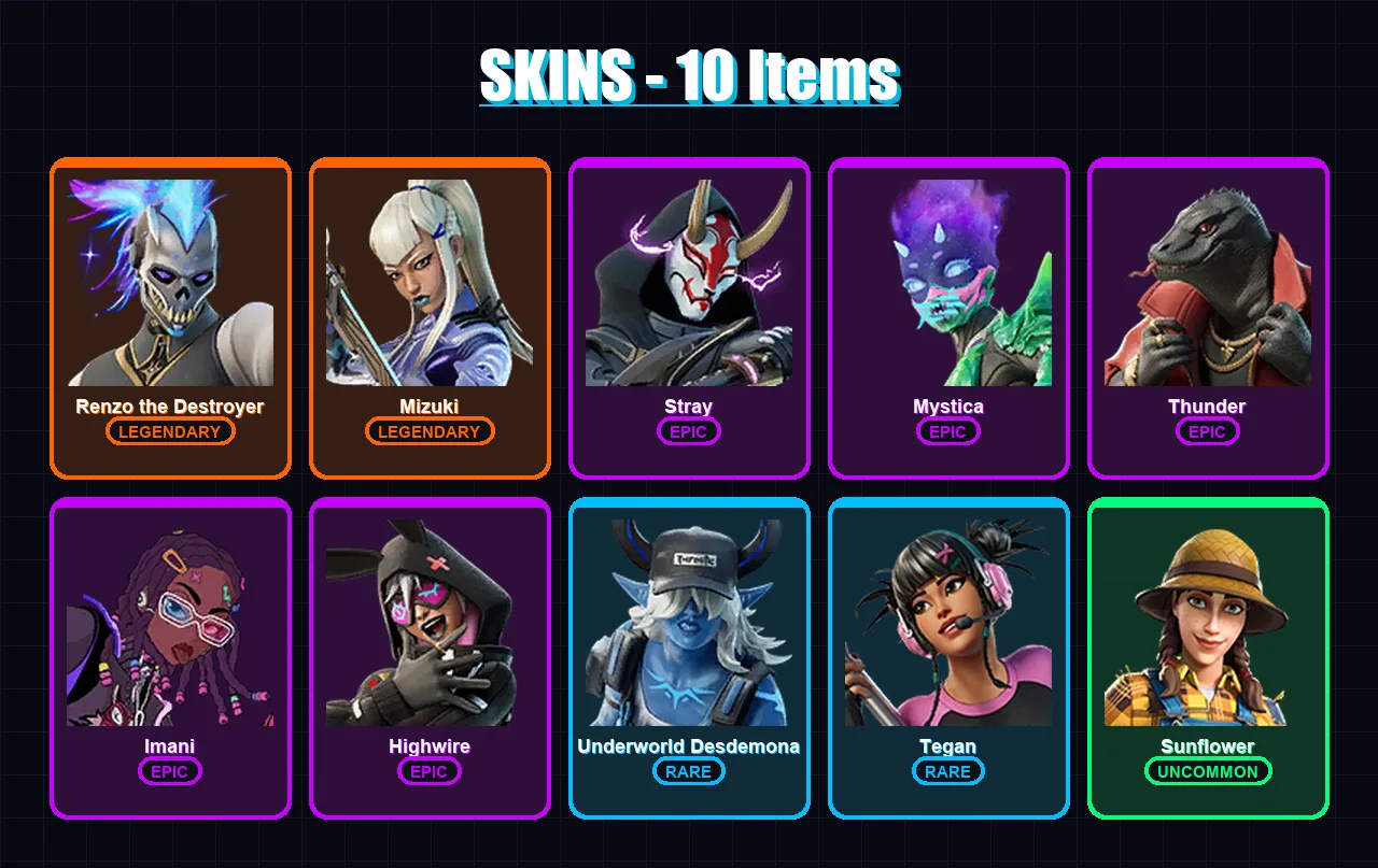 [PC/XBOX/PSN] | Renzo the Destroyer | Mizuki | Stray | Mystica | Thunder | 10 skin | 19 pickaxe | 17 emote | 18 glider | Lv334