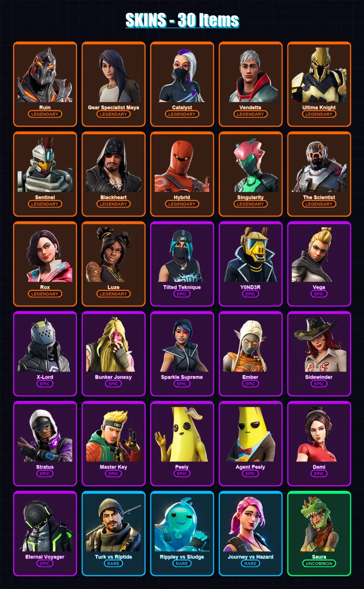 [PC/XBOX/PSN] | Ruin | Gear Specialist Maya | Catalyst | Vendetta | Ultima Knight | 30 skin | 27 pickaxe | 31 emote | 33 glider | Lv360