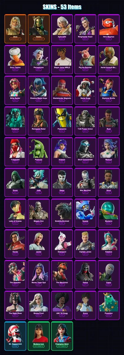 [PC] | Zeus | Hades | Aphrodite | Ringmaster Scarr | Hero Baymax | 53 skin | 127 pickaxe | 71 emote | 76 glider | Lv1575